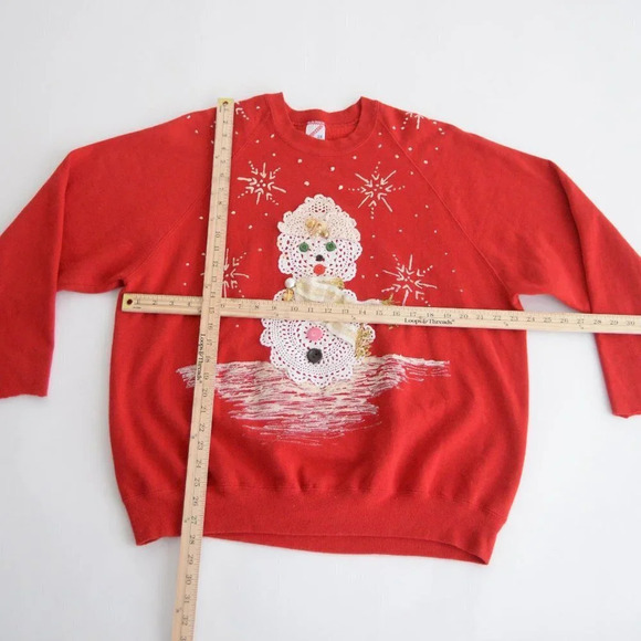 Vintage Jerzees Red Snowman Lace & Buttons &  Snowflakes Crewneck Sweater 2X - Picture 2 of 14